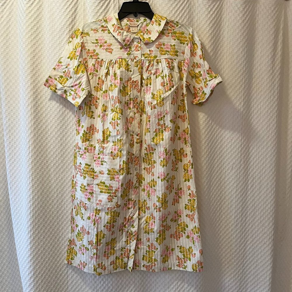 Vintage Miss Elaine Cotton Snap Front Housecoat Duster Robe Small